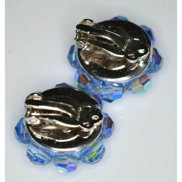VTG CROWN TRIFARI Silver Tone Blue AB Crystal Rhinestone Clip Earrings - Picture 3 of 4